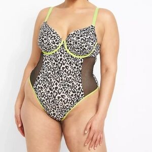 Cacique Animal Heart Print Balconette Built-in Bra Bodysuit Thong 42C Mesh Sides